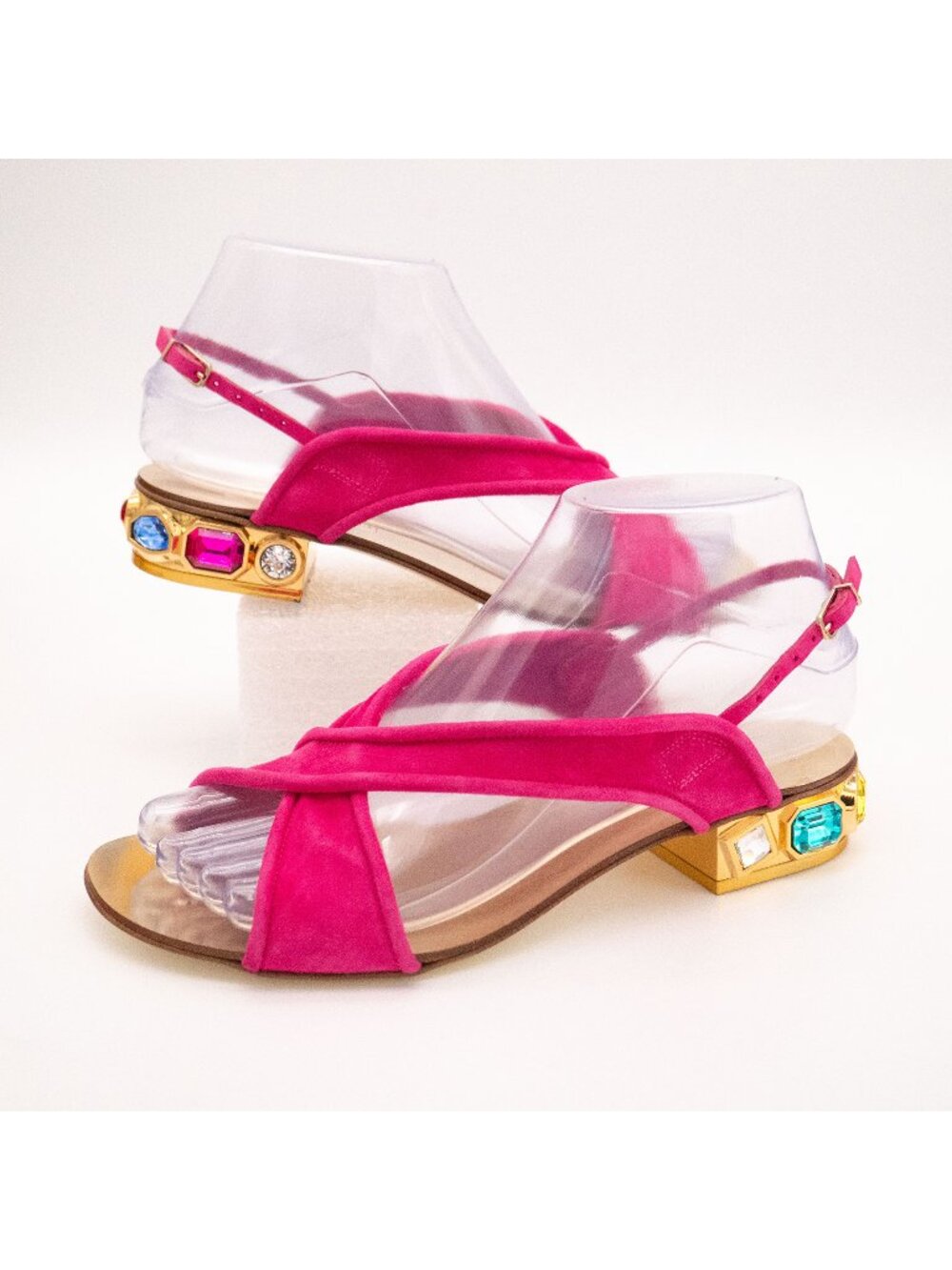Casadei Jewel Heel Strappy Sandals Fuchsia Suede Gold EU 38 US 8 NWOT READ DESC